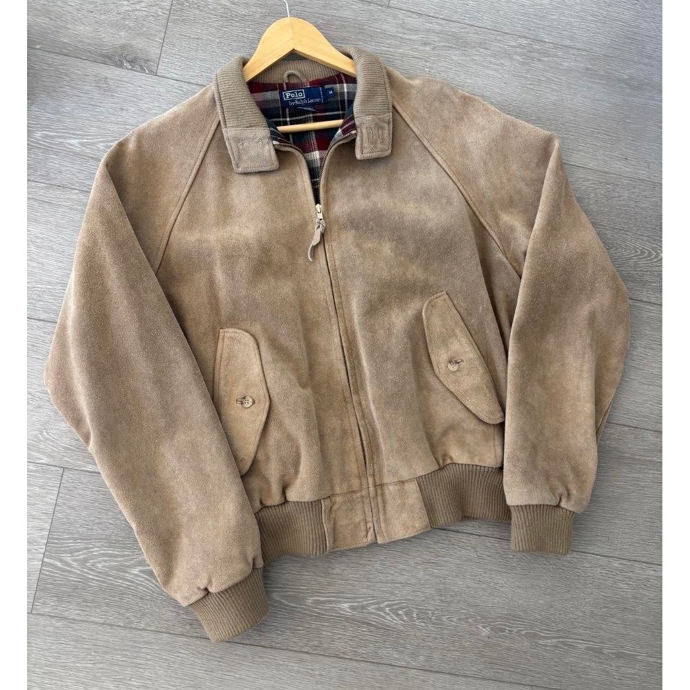 Polo Ralph Lauren Vintage 90s Suede Bomber Jacket Plaid Lined Tan Beige Medium M